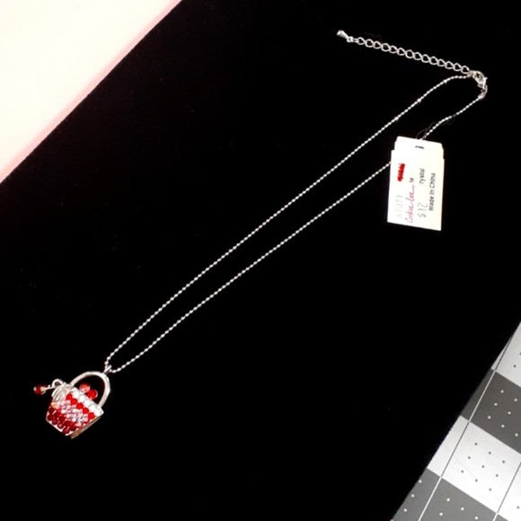 Cookie Lee Crystal Basket Pendant Necklace Red Rhinestone Silver‎ Tone Chain NEW - Picture 1 of 5